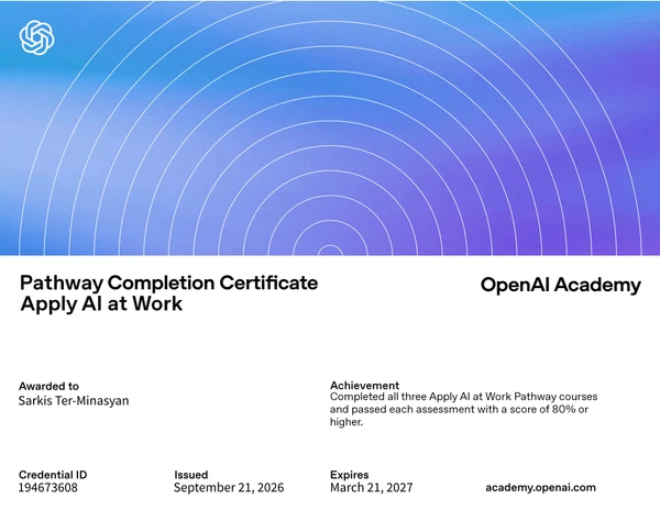 OpenAI Academy Apply AI at Work pathway completion certificate awarded to Sarkis Ter-Minasyan