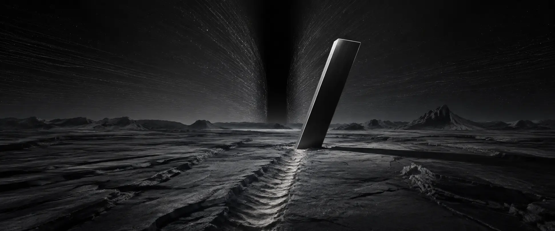 The slash stands in a scarred landscape beneath a widening dark fissure in the sky.