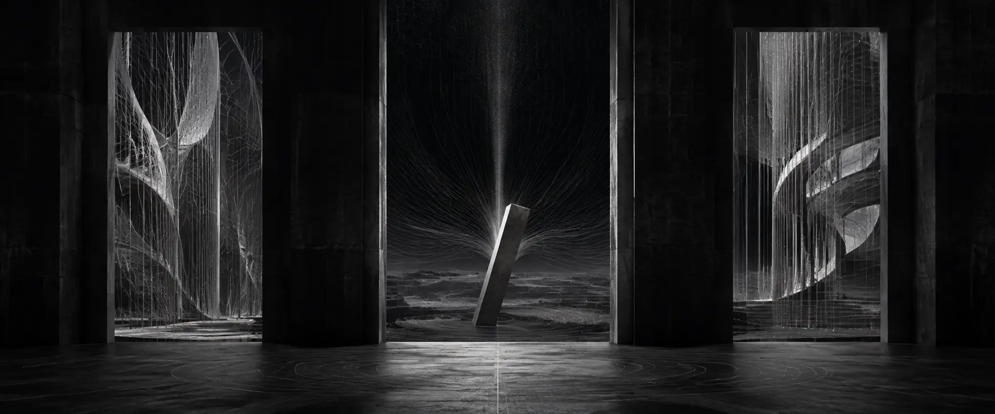 A dark gallery holds traces of structures, with the slash framed beyond its portals.