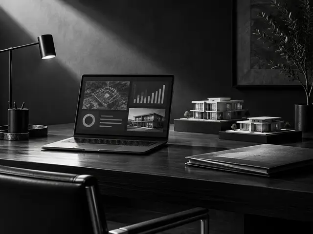 Concept art: a laptop and architectural models in a real-estate workspace.