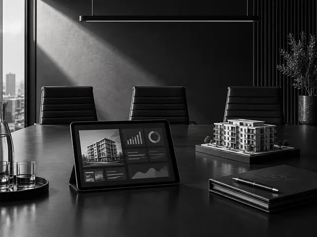 Concept art: a tablet and building model on a boardroom table.