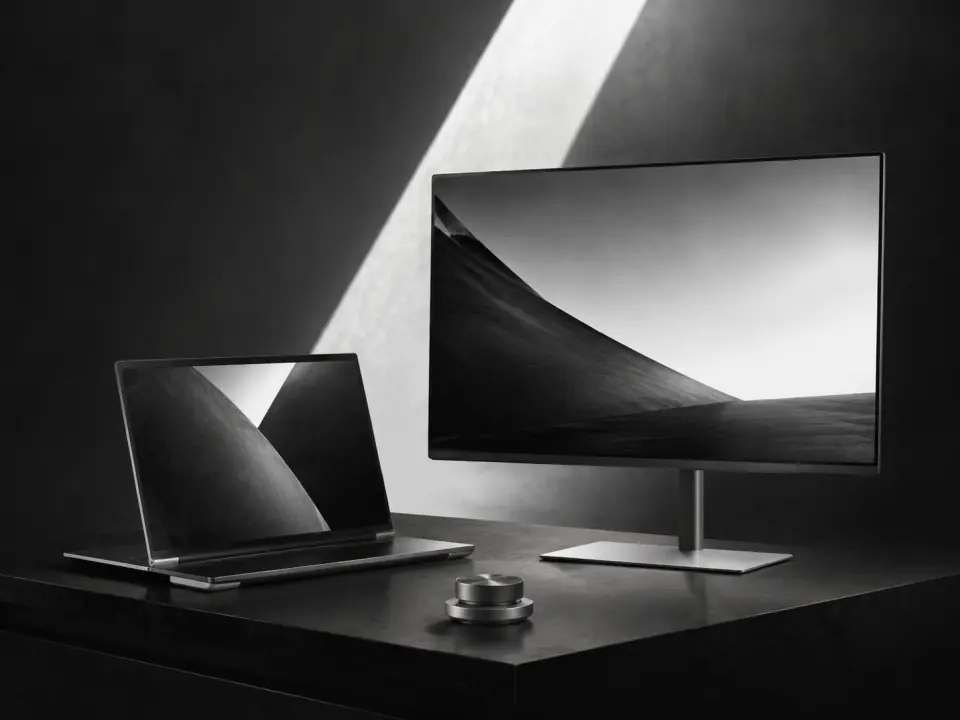 Concept art: a desktop display and laptop with abstract screen compositions.