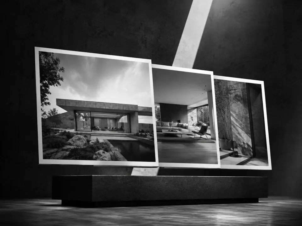 Concept art: a set of architectural photo prints arranged into one property story.