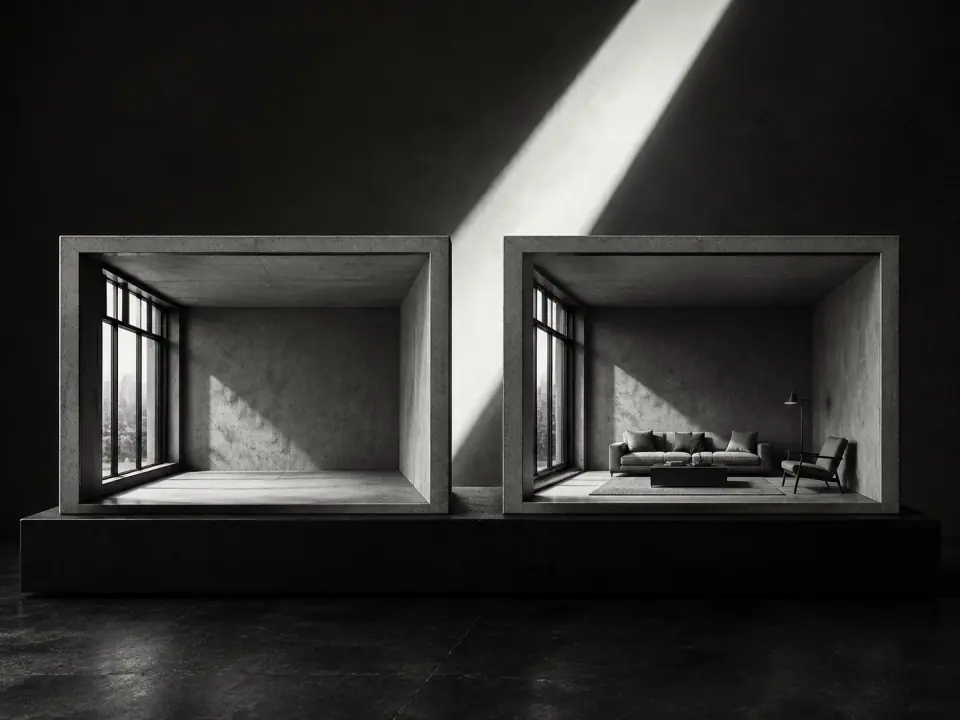 Concept art: matching room models, one empty and one furnished.